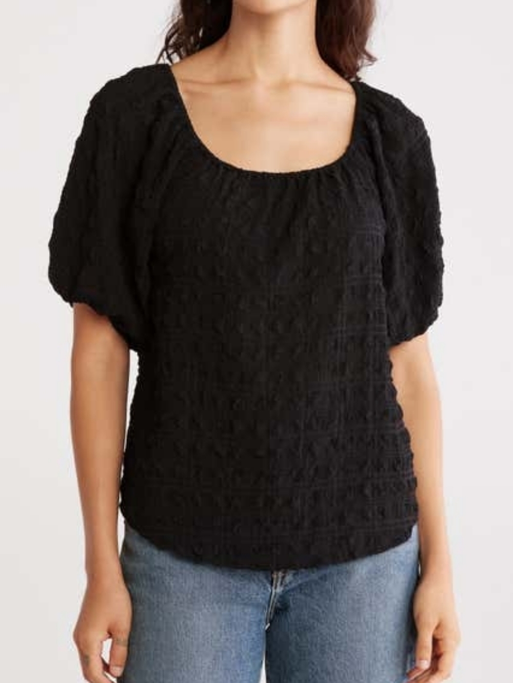 Catherine Malandrino Women's Black Puff Sleeve Women's Textured Blouse XS